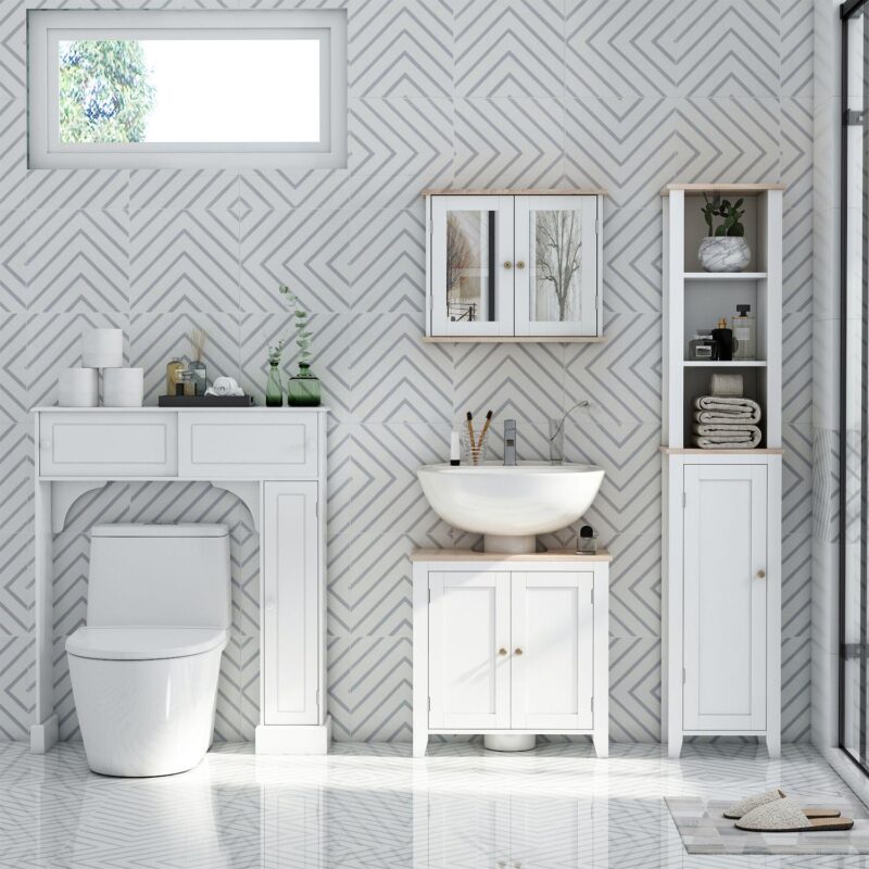 Freestanding Washroom Floor Organizer With Moveable Open Shelving, White/wood - Image 4