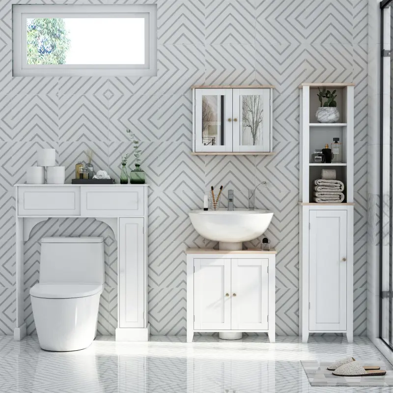 Freestanding Washroom Floor Organizer With Moveable Open Shelving, White/wood - Image 4