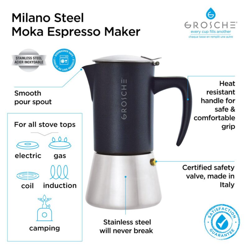 GROSCHE Milano Stainless Steel Stovetop Espresso 6-Cup Moka Pot Coffee Maker - Image 9