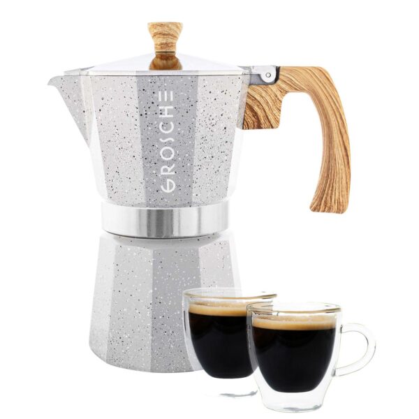 GROSCHE Milano Stone Stovetop Espresso Coffee Maker and TURIN Glass Espresso Cup Set