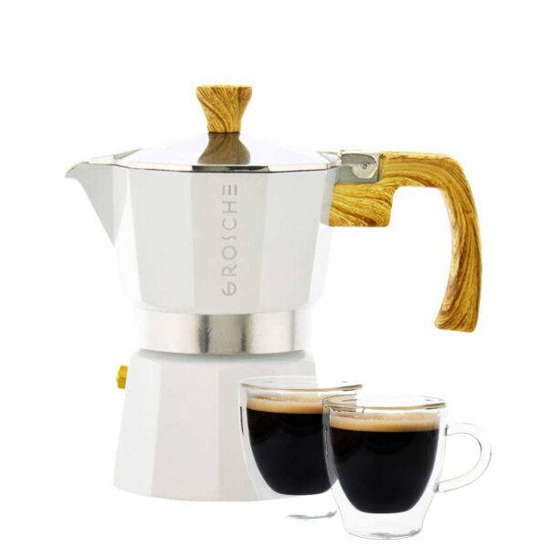 GROSCHE Milano Stovetop Espresso Coffee Maker and TURIN Glass Espresso Cup Set