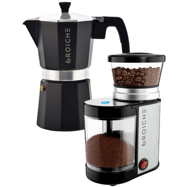 GROSCHE Milano Stovetop Espresso Coffee Maker and Electric Burr Coffee Grinder Bundle