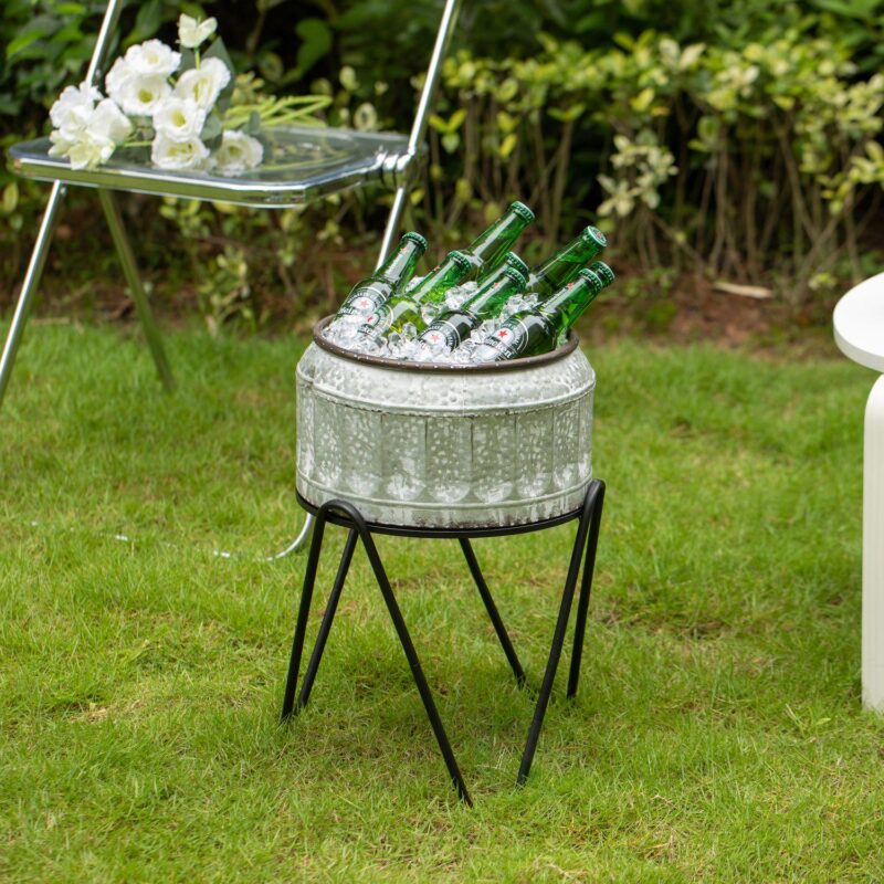 Galvanized Metal Ice Bucket Beverage Cooler Tub with Stand - Image 2