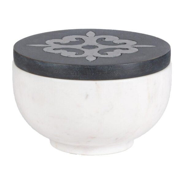 Gerson White marble small canister with gray-washed metal-inlay lid