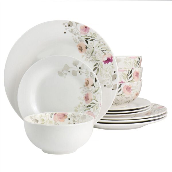 Gibson Everyday Lily Garden Ceramic 12 Piece Dinnerware Set in White and Pink