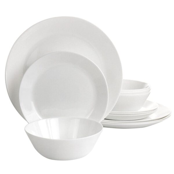 Gibson Everyday Ultra Courtyard 12 Piece Tempered Opal Glass Dinnerware Set in White