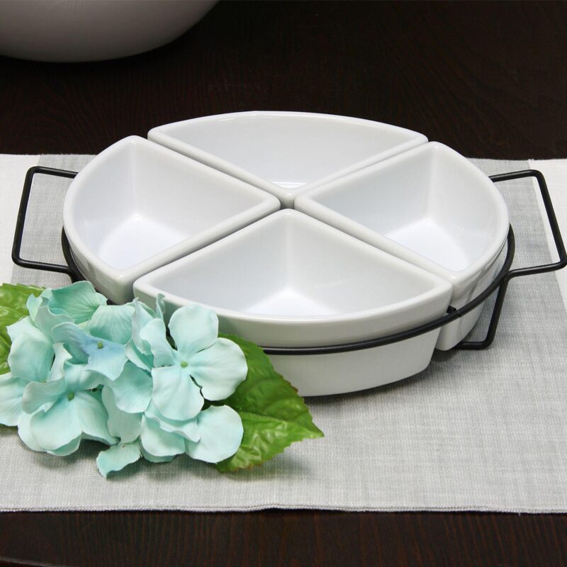 Gibson Gracious Fine Ceramic Dining Four Section Tray Set with Metal Rack in White - Image 4