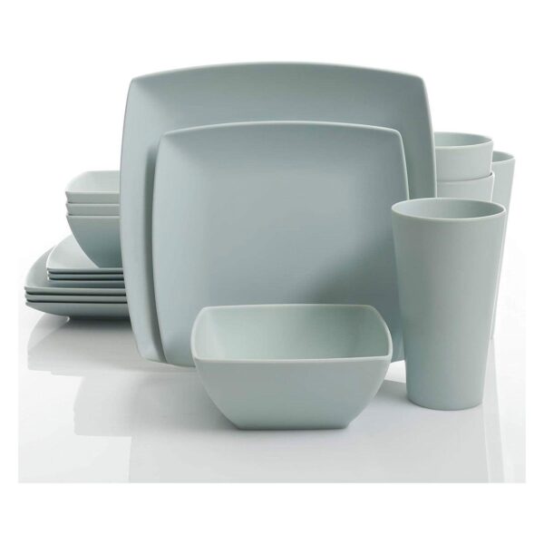 Gibson Home 16 Piece Square Melamine Dinnerware Set Plates, Bowls, and Cups, Mint