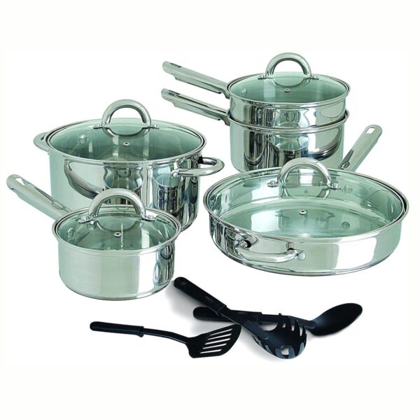 Gibson Home Abruzzo 12 Piece Stainless Steel Cookware Set with Utensils, Silver