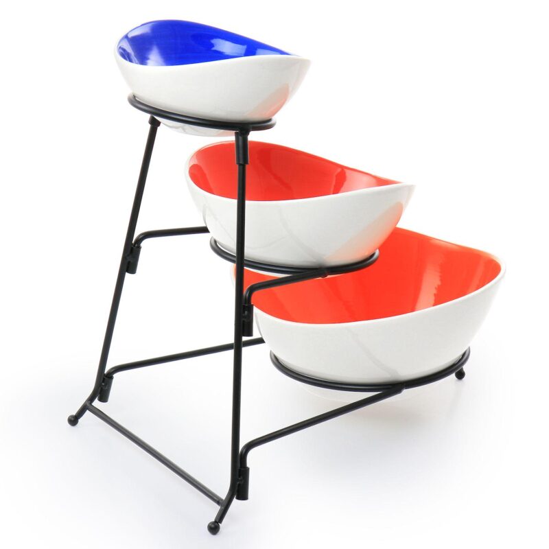Gibson Home Crenshaw 4 Piece Hand Painted Stoneware 3-Tier Serving Bowl Set with Metal Rack - Image 2