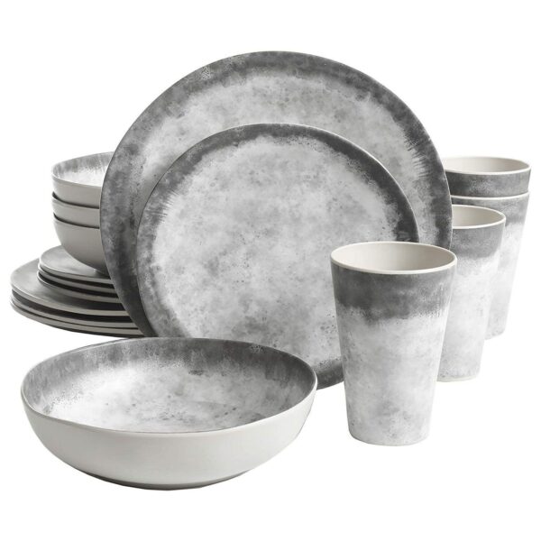 Gibson Home Granite 16 Piece Round Melamine Plate, Bowl, and Cup Dinnerware Set