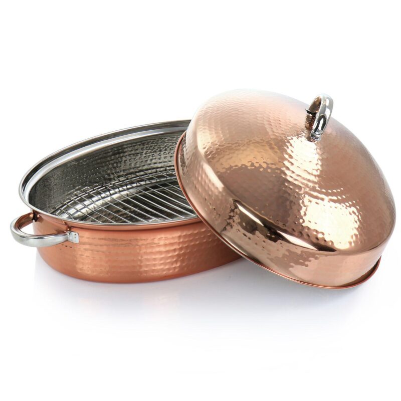 Gibson Home Radiance 17.5 Inch Stainless Steel Copper Plated Oval Roaster with Lid and Roasting Rack - Image 2