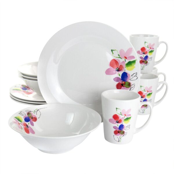 Gibson Home Vineyard Rose 12 Piece Round Fine Ceramic Dinnerware Set in White