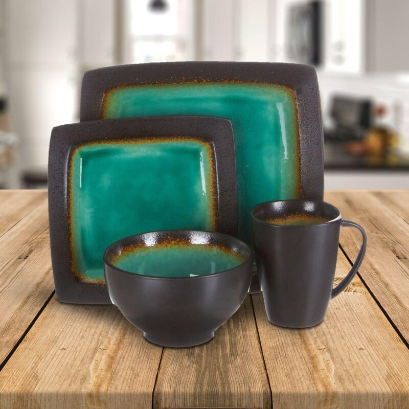 Gibson Ocean Paradise 16 Piece Square Stoneware Dinnerware Set in Jade - Image 5