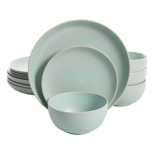 Gibson Rockaway 12 Piece Stoneware Dinnerware Set, Plates and Bowls, Matte Teal