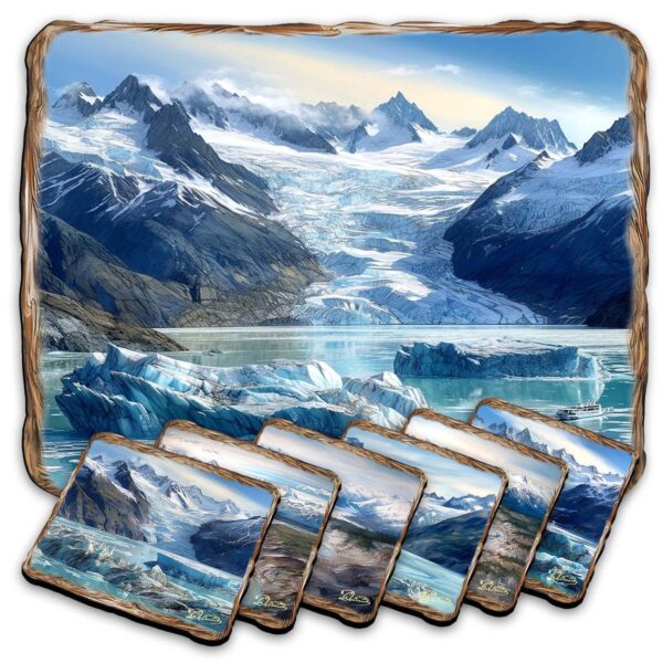 Glacier's Majesty Wooden Cork Placemat And Coasters Gift Set Of 7