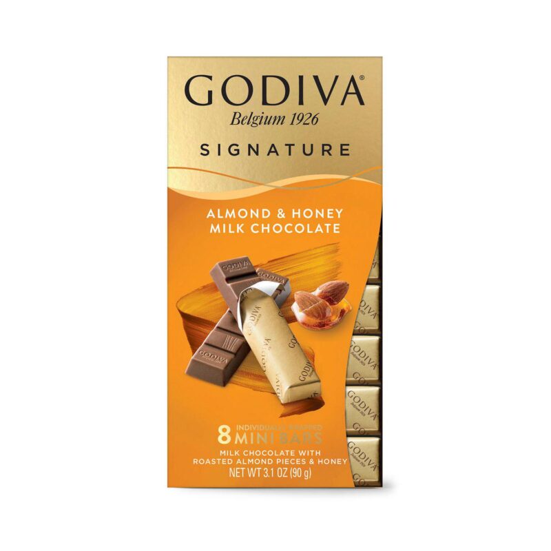 Godiva Signature 12 Pack of 8 Almond and Honey Milk Chocolate Mini Bars - Image 2
