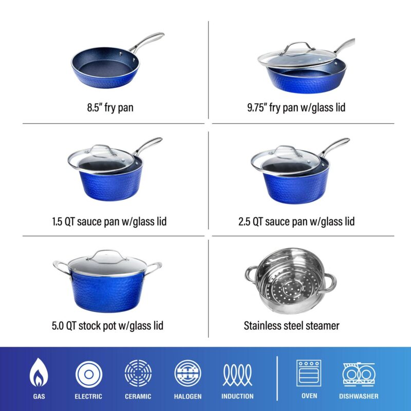 Granitestone Diamond 10 Piece Hammered Coookware Sets Blue - Image 9