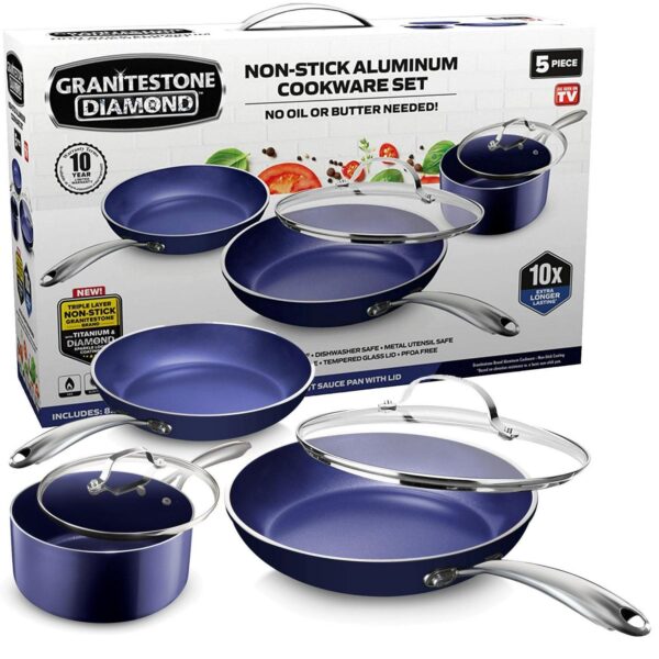 Granitestone Diamond Nonstick Pots and Pans 5 Piece Kitchen Cookware Set Cooking Frying Skillet Sauce Pan Pot Blue