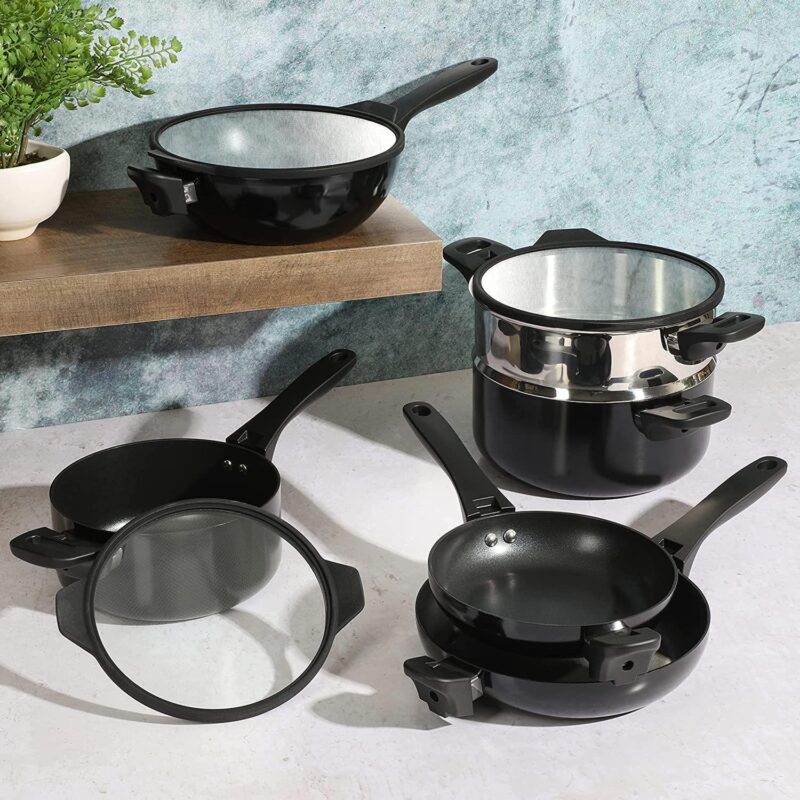 Grayson 9 Piece Nonstick Aluminum Stackable Cookware Set in Black - Image 4