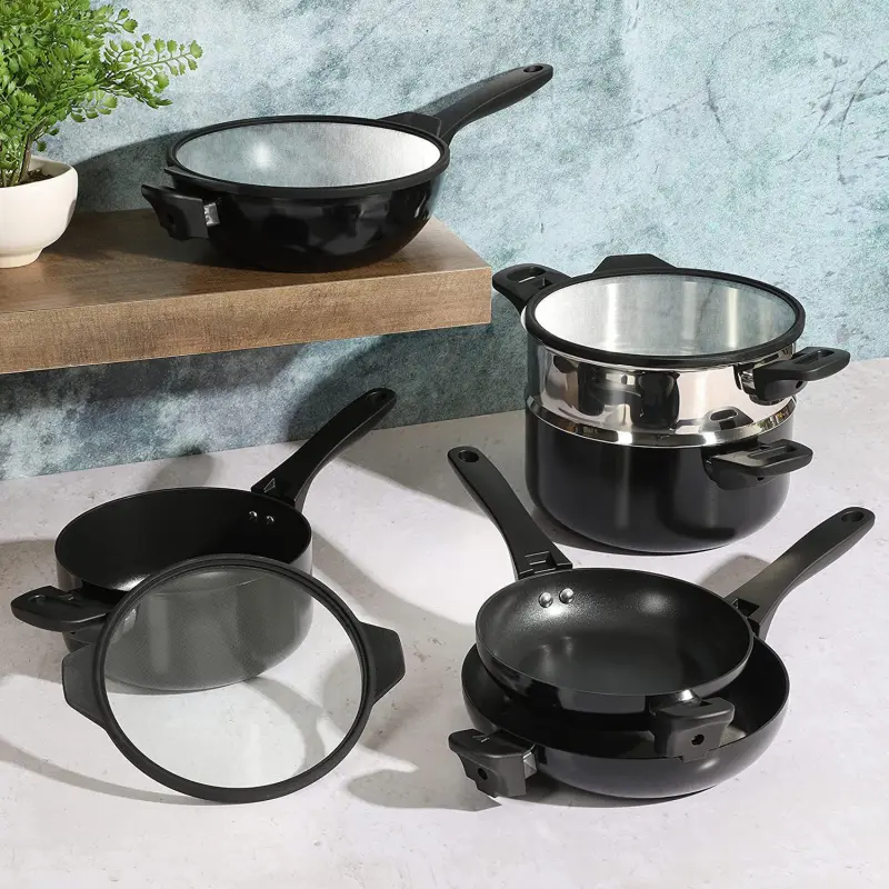 Grayson 9 Piece Nonstick Aluminum Stackable Cookware Set in Black - Image 4