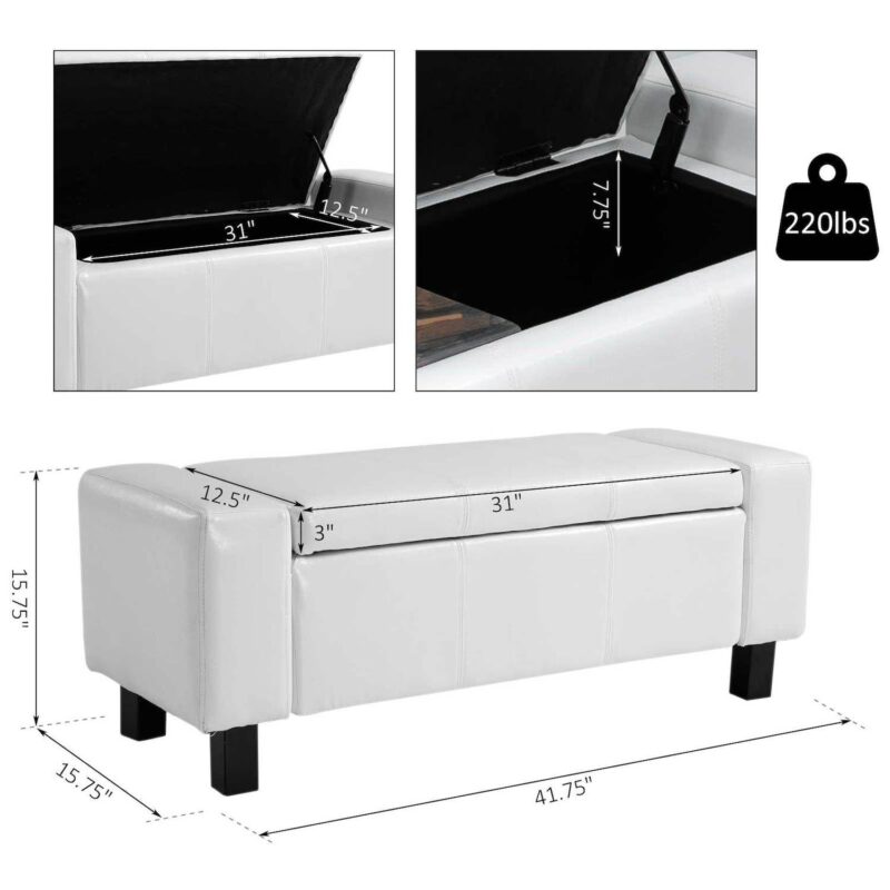 HOMCOM 42  Faux Leather Storage Ottoman Bench Organizer Chest Rectangular Footstool with Hinged Lid for Living Room Entryway or Bedroom Cream White - Image 2