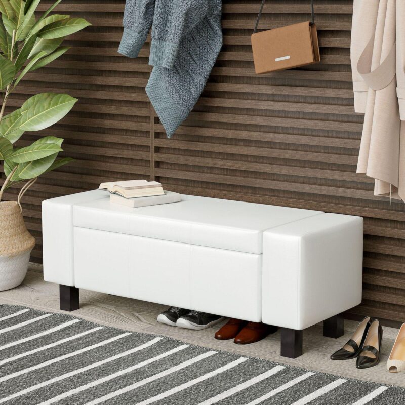 HOMCOM 42  Faux Leather Storage Ottoman Bench Organizer Chest Rectangular Footstool with Hinged Lid for Living Room Entryway or Bedroom Cream White - Image 3