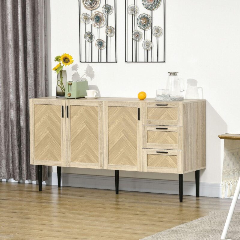 HOMCOM 61.5 L Buffet Cabinet, Rustic Sideboard with Storage Cabinets, Drawers and Adjustable Shelves for Living Room, Dining Room, Kitchen, Oak - Image 2