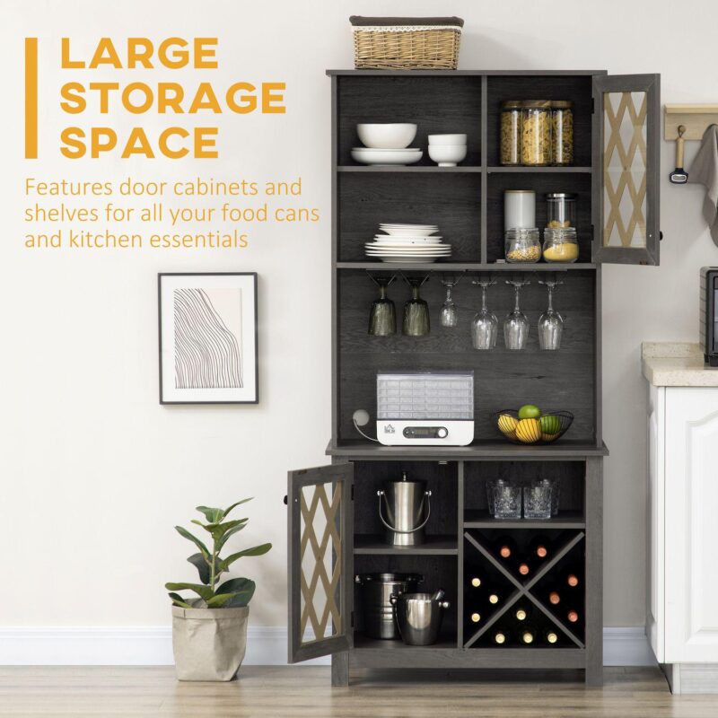 HOMCOM 72  Kitchen Pantry, Buffet with Hutch, Cupboard for Microwave, 2 Door Cabinets, Wine Glasses Rack and 12-Bottle Wine Rack, Dark Grey - Image 4
