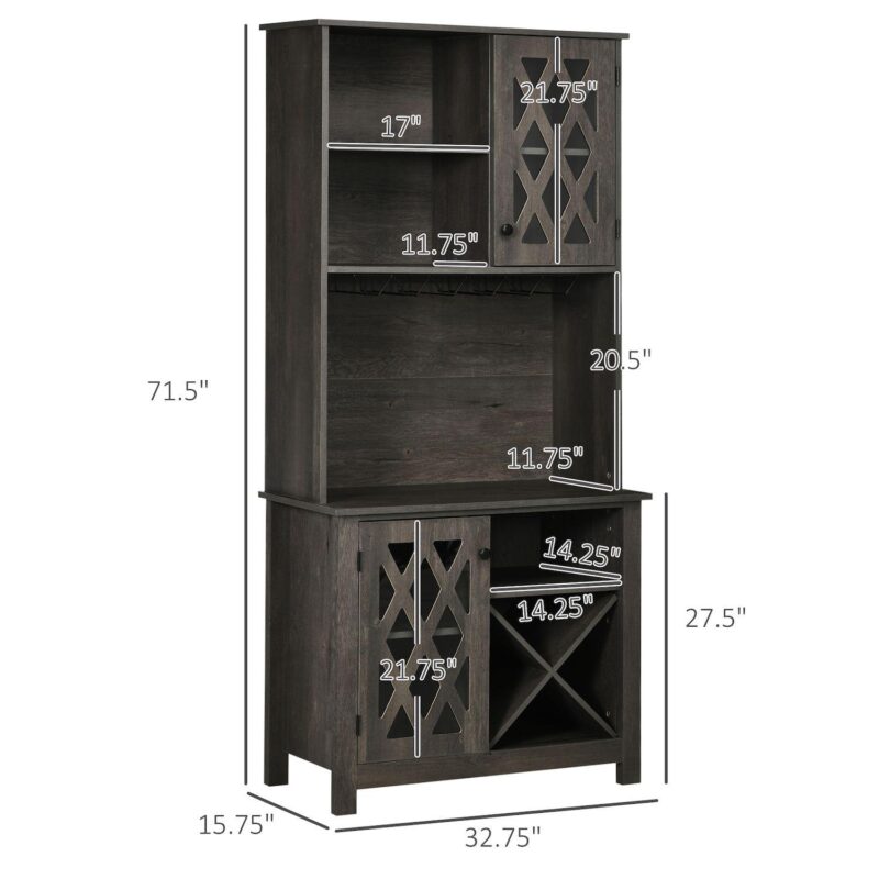 HOMCOM 72  Kitchen Pantry, Buffet with Hutch, Cupboard for Microwave, 2 Door Cabinets, Wine Glasses Rack and 12-Bottle Wine Rack, Dark Grey - Image 3