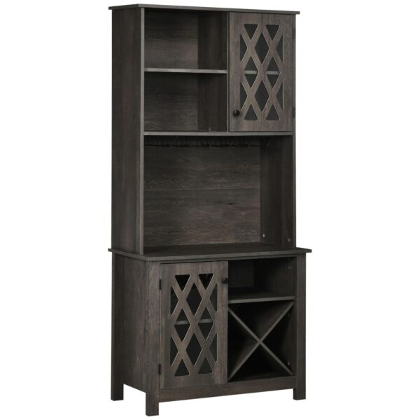 HOMCOM 72  Kitchen Pantry, Buffet with Hutch, Cupboard for Microwave, 2 Door Cabinets, Wine Glasses Rack and 12-Bottle Wine Rack, Dark Grey