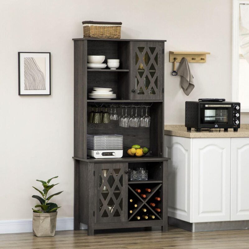 HOMCOM 72  Kitchen Pantry, Buffet with Hutch, Cupboard for Microwave, 2 Door Cabinets, Wine Glasses Rack and 12-Bottle Wine Rack, Dark Grey - Image 2