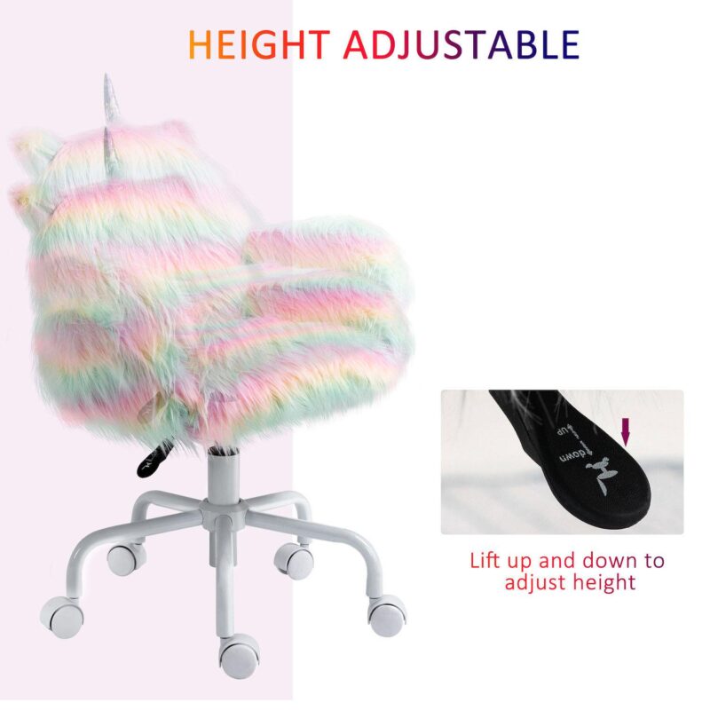 HOMCOM Fluffy Unicorn Office Chair with Mid Back and Armrest Support 5 Star Swivel Wheel White Base Rainbow - Image 3