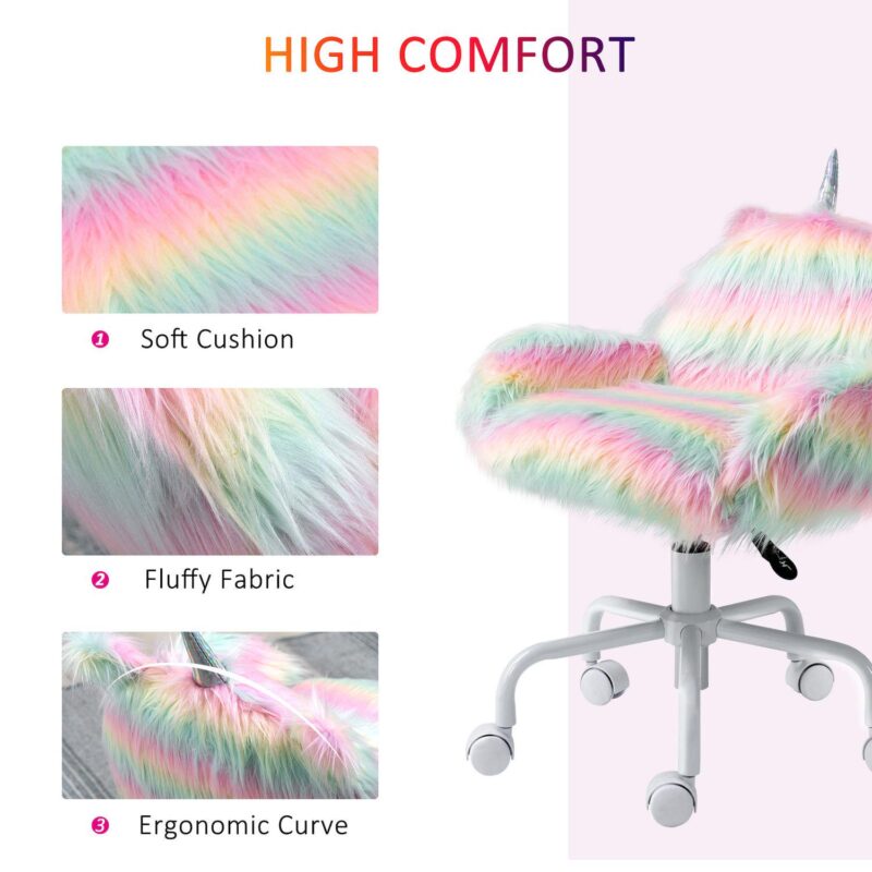 HOMCOM Fluffy Unicorn Office Chair with Mid Back and Armrest Support 5 Star Swivel Wheel White Base Rainbow - Image 4