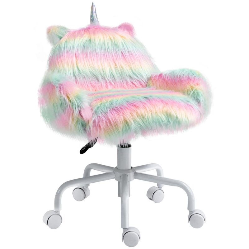 HOMCOM Fluffy Unicorn Office Chair with Mid Back and Armrest Support 5 Star Swivel Wheel White Base Rainbow