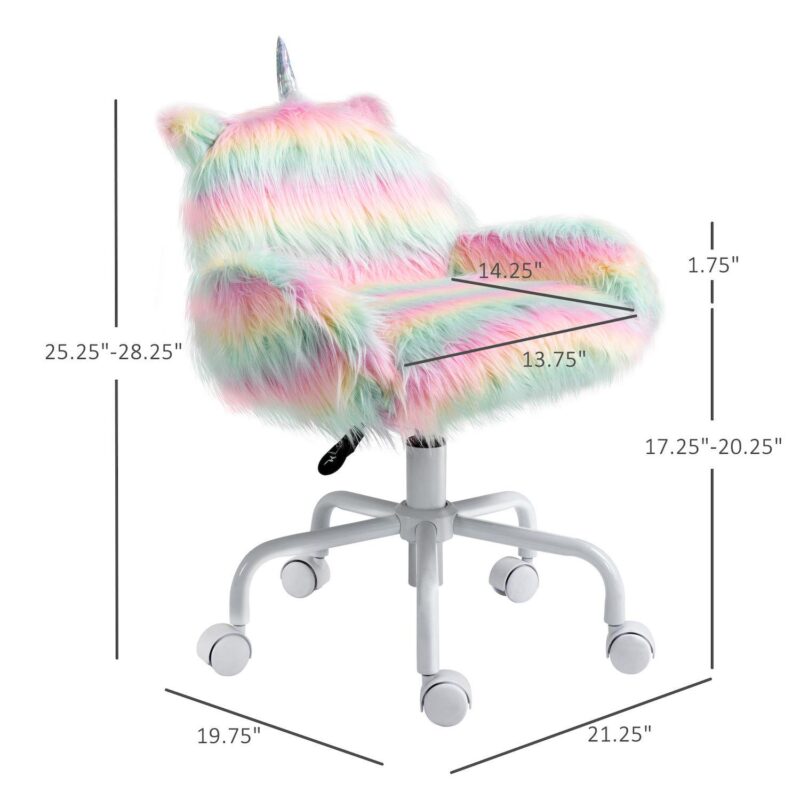 HOMCOM Fluffy Unicorn Office Chair with Mid Back and Armrest Support 5 Star Swivel Wheel White Base Rainbow - Image 2