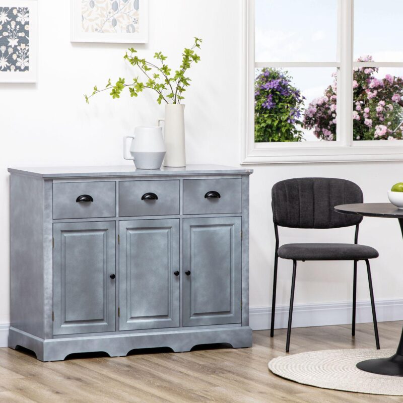 HOMCOM Industrial Buffet Cabinet, Kitchen Sideboard Storage with 3 Drawers, 3 Door Cabinets and Adjustable Shelf for Living Room, Blue - Image 2