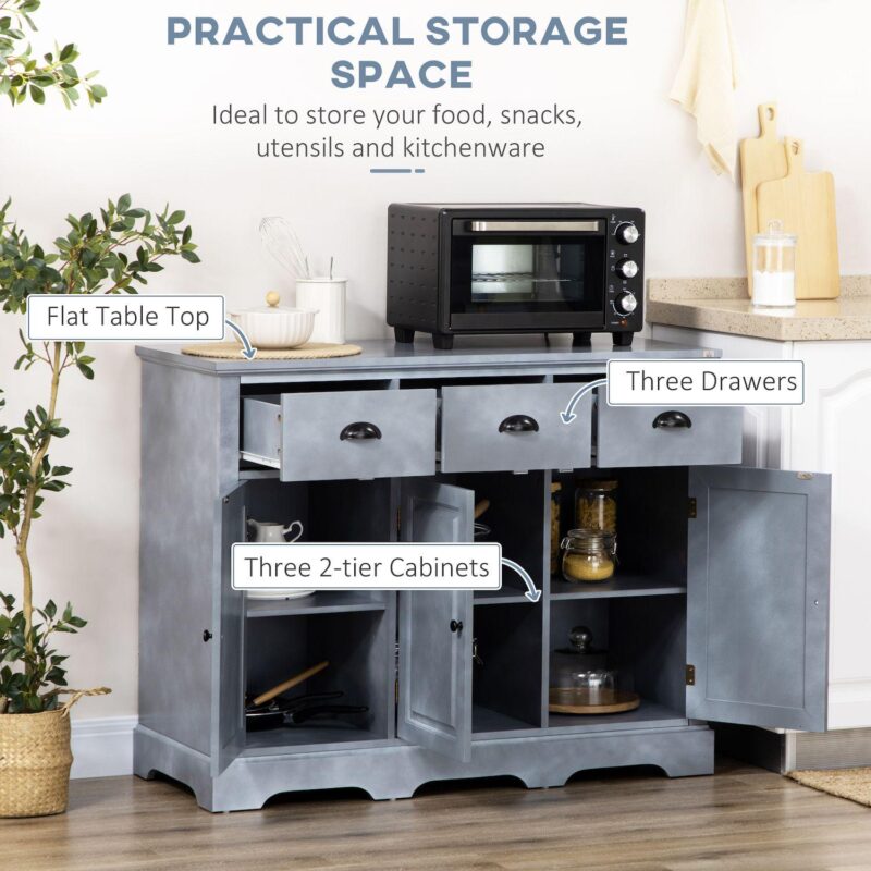 HOMCOM Industrial Buffet Cabinet, Kitchen Sideboard Storage with 3 Drawers, 3 Door Cabinets and Adjustable Shelf for Living Room, Blue - Image 4