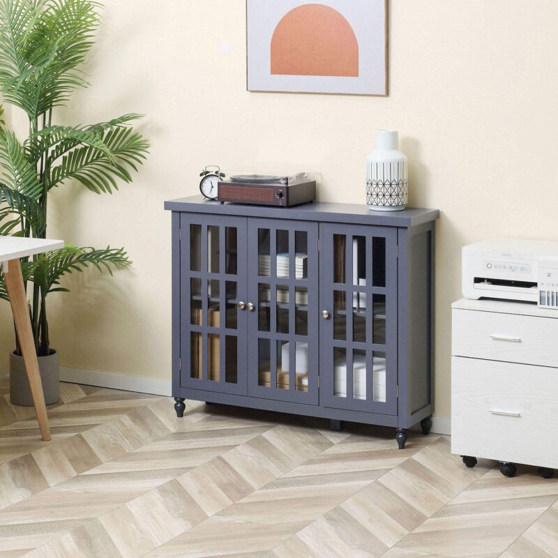HOMCOM Modern Kitchen Sideboard, Buffet Cabinet with 2 Storage Cupboards, Glass Doors, Round Legs for Living Room, Bedroom, Grey - Image 2