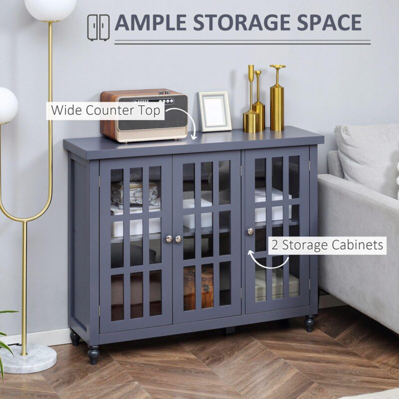 HOMCOM Modern Kitchen Sideboard, Buffet Cabinet with 2 Storage Cupboards, Glass Doors, Round Legs for Living Room, Bedroom, Grey - Image 4