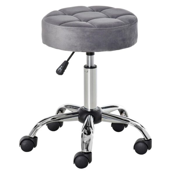 HOMCOM Round Vanity Stool with Height Adjustable Lift Luxury Style Upholstery and Swivel Seat and Wheels Grey