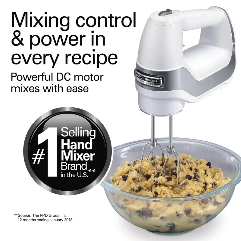 Hamilton Beach Professional 5-Speed Electric Hand Mixer, High Performance DC Motor, QuickBurst, Slow Start Speed, Stainless Steel Beaters and Whisk, White, 62652 - Image 2
