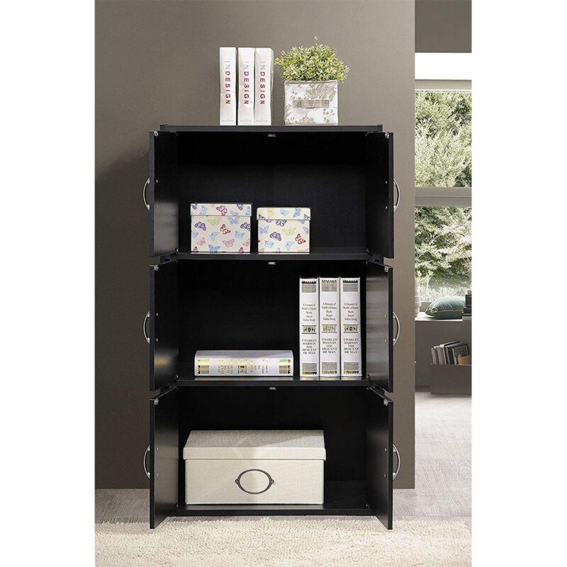 Hodedah HID33 Home 6-Door 3-Shelves Bookcase Enclosed Storage Cabinet, Black - Image 4