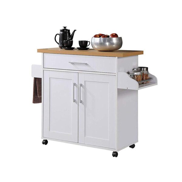 Hodedah Import Wheeled Kitchen Island W/spice Rack and Towel Holder, White/beech