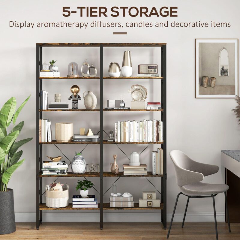 Homcom 5-tier Bookshelf Bookcase With Steel Frame, Rustic Brown - Image 4