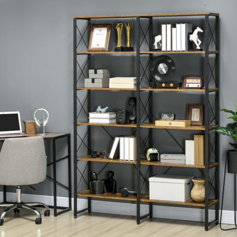 Homcom 5-tier Bookshelf Bookcase With Steel Frame, Rustic Brown - Image 2