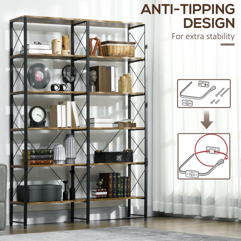 Homcom 5-tier Bookshelf Bookcase With Steel Frame, Rustic Brown - Image 5