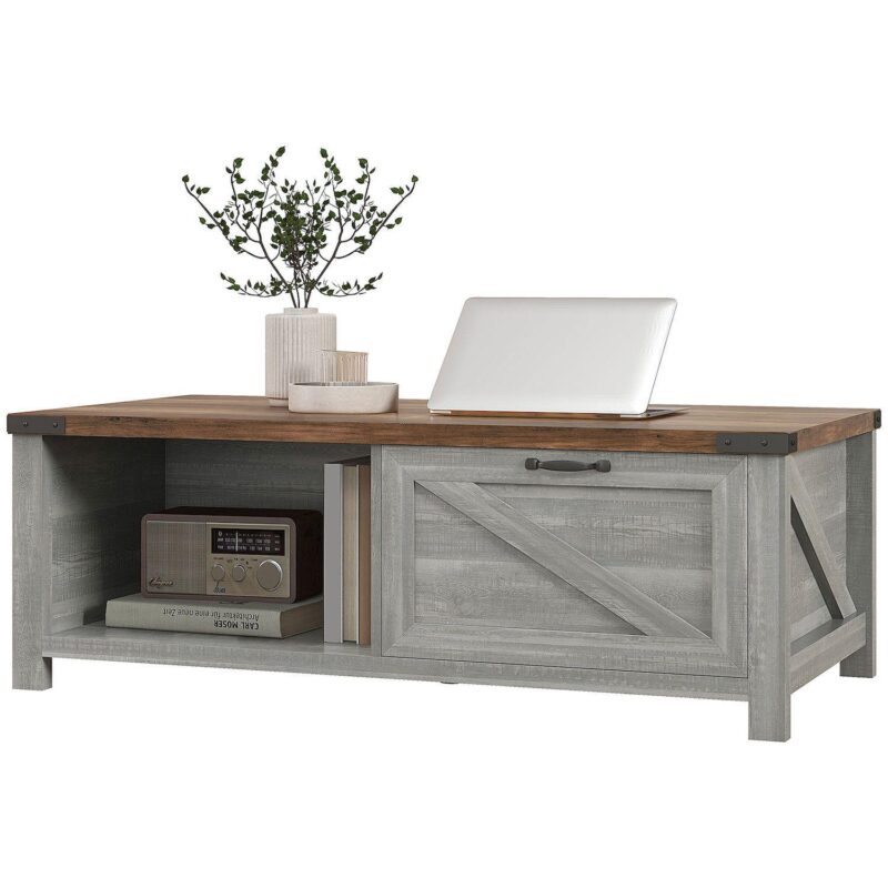 Homcom Farmhouse Coffee Table With Storage And Drawer, Distressed - Image 2