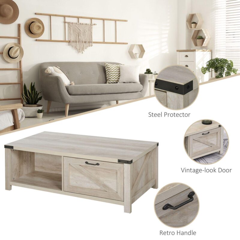 Homcom Farmhouse Coffee Table With Storage And Drawer, Distressed - Image 4