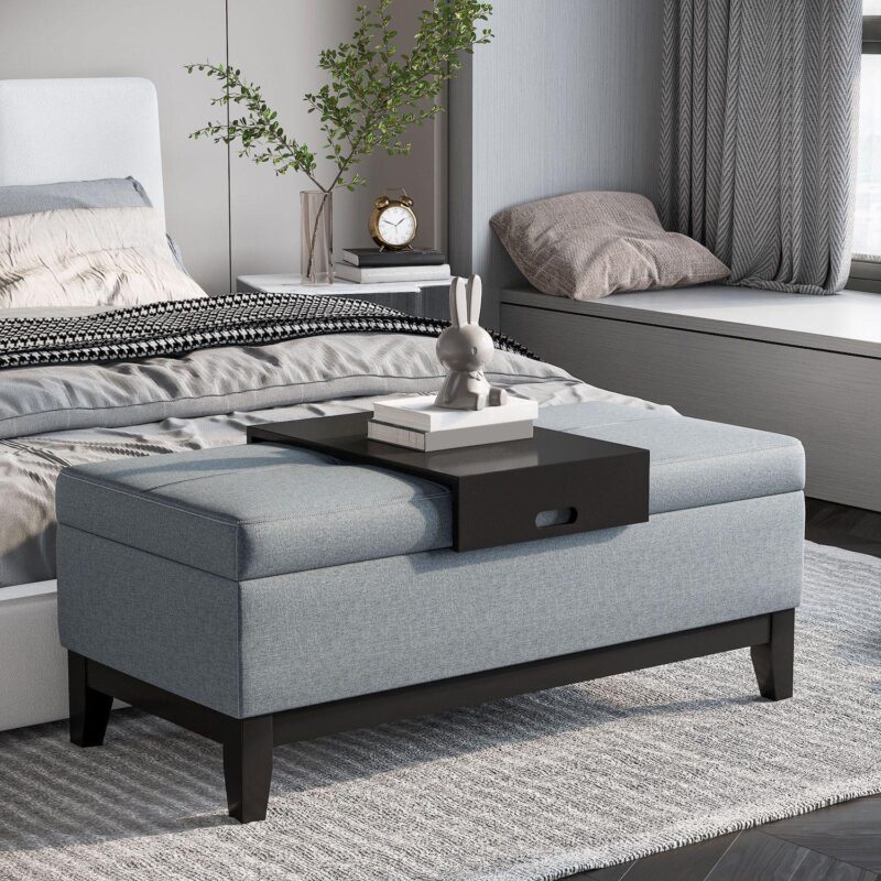 Homcom Rectangular Tufted Fabric Storage Bench Upholstered Ottoman Tray - Image 2